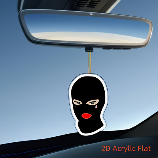 2D Flat, Stylish Acrylic Car Mirror Pendant & Keychain - 2D Flat Design with Red Lips & Black Mask, Durable Car Accessory for Home & Holiday Decor, Car Mirror Pendant, Holiday Decoration, Bold Design, 2D Flat