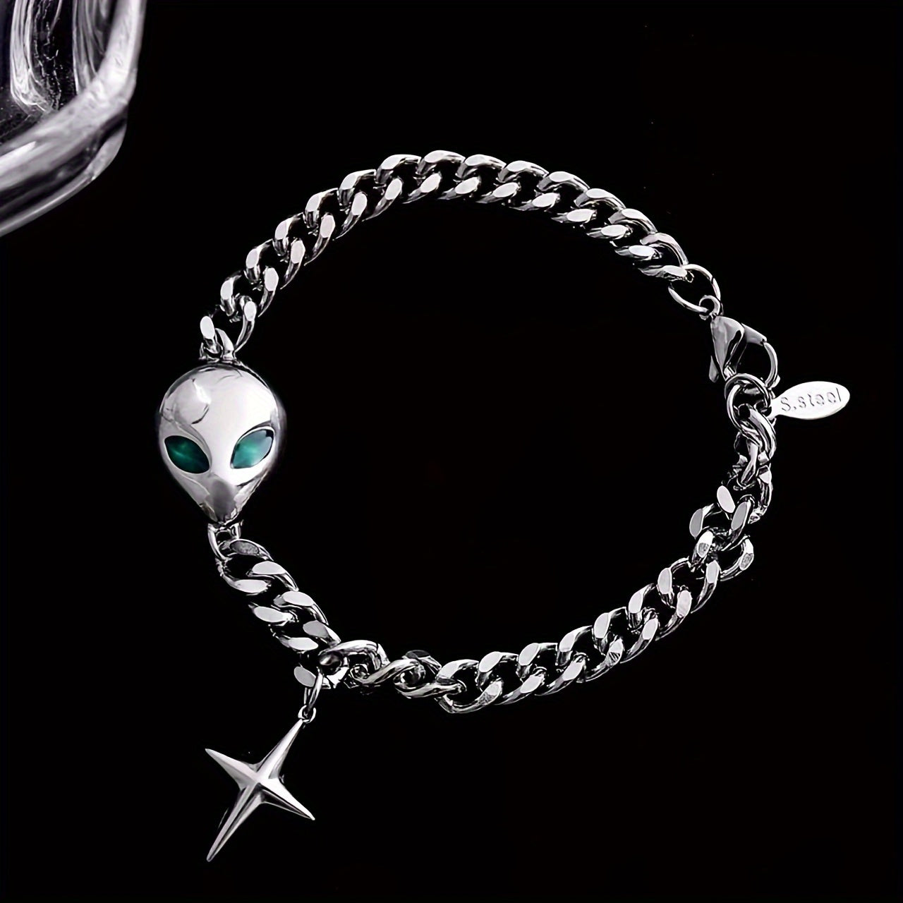 1pc Titanium Steel Green Eyes Cross Star Bracelet, Unisex Hip Hop Trendy Cool Punk Cool Hand Jewelry