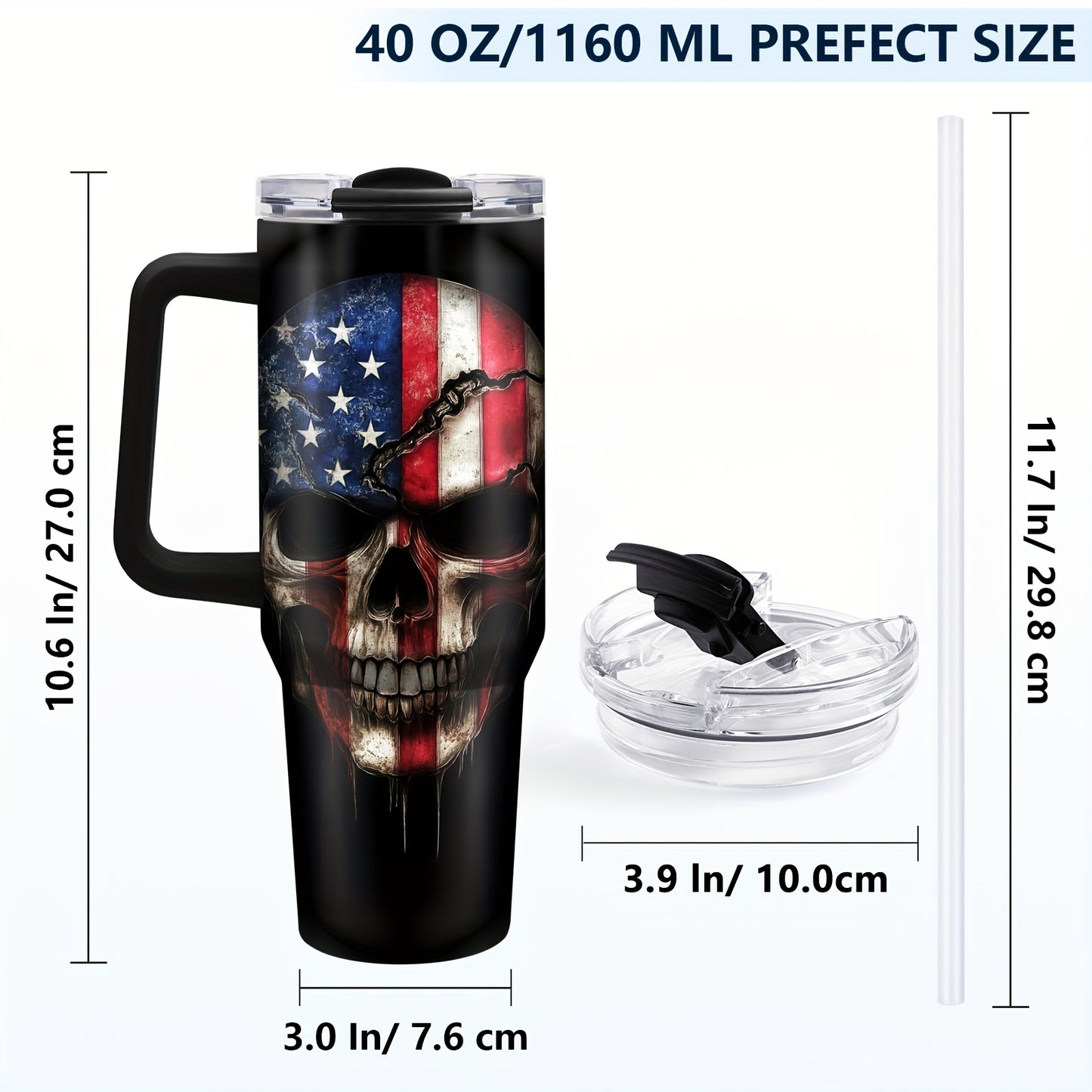 1pc Stainless Steel American Flag&Skull Head 40oz Insulated Coffee Mug with Lid, Hand Wash Only, with Straw, for Women, Men, Birthday, Christmas, Thanksgiving, Hanukkah, Halloween, Car Cup