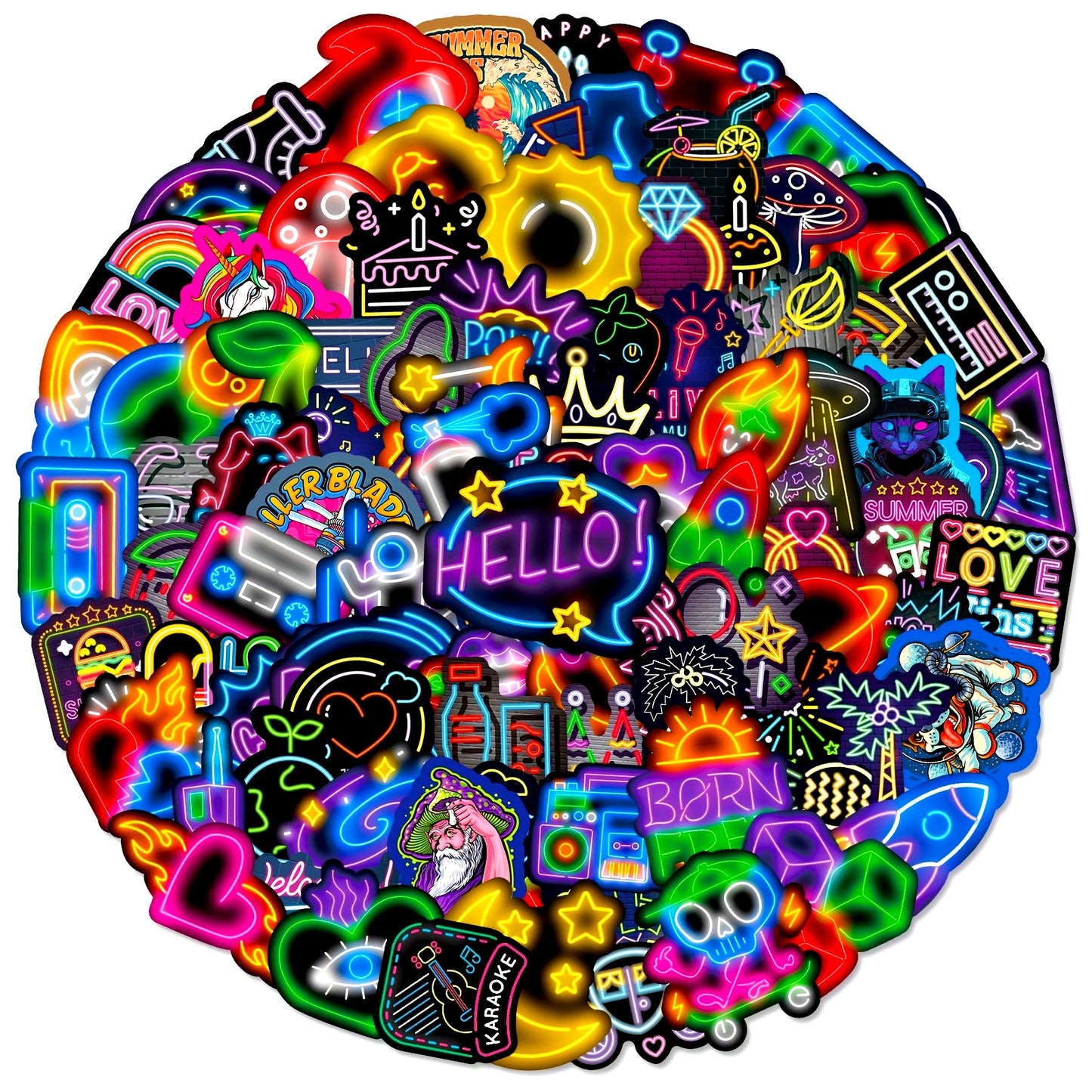 100-Pack Neon Cartoon Stickers, Polypropylene, Self-Adhesive, Reusable, Irregular Shape, Cool Graffiti Decals, Fluorescence Style DIY Decoration, for Plastic Surfaces, Suitable for Ages 14+