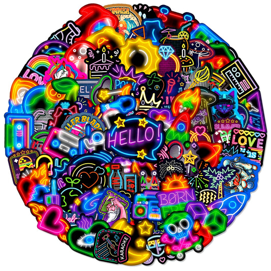 100-Pack Neon Cartoon Stickers, Polypropylene, Self-Adhesive, Reusable, Irregular Shape, Cool Graffiti Decals, Fluorescence Style DIY Decoration, for Plastic Surfaces, Suitable for Ages 14+