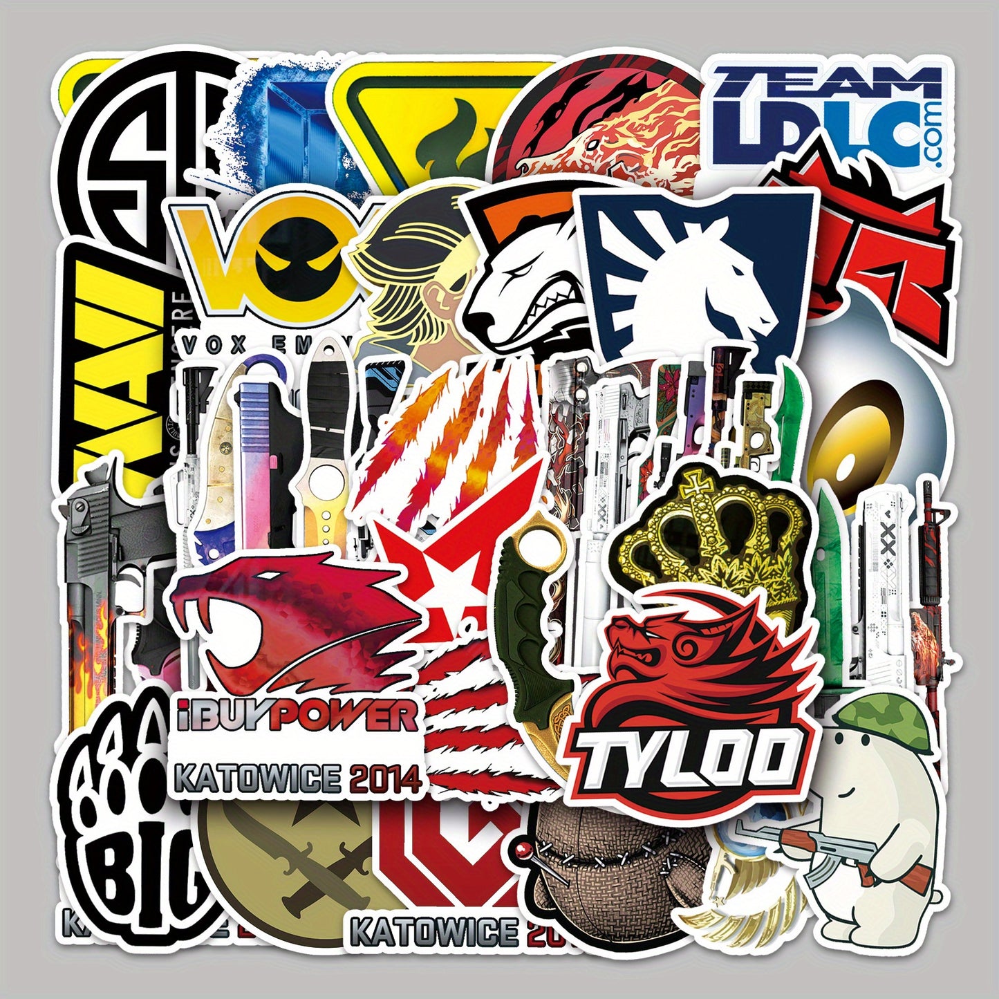 52pcs CS:GO Titan 2014 Sticker Pack - Rare Designs Including Titan, Crown, and Big Eye - Waterproof Decals for Laptops, Water Bottles, Phones, Skateboards, and Tablets - Realistic Graffiti Decor