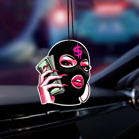 Rich Woman Black Faced Girl Car Hanging Pendant - Bold Masked Design with Pink Lips & Dollar Bills, Light Fragrance Paper Scent, All-Season Car Interior Deodorizer, Fit for All Vehicles, Perfect Car Owner Gift, Female Car Acc