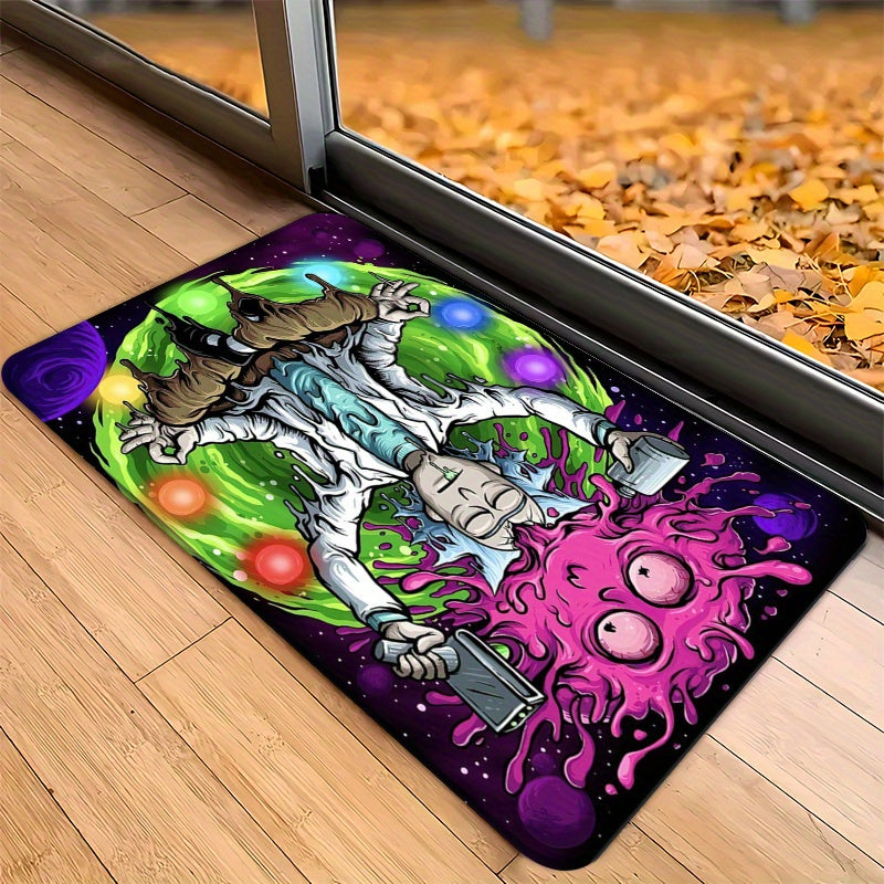 1pc Warner Bros Series Rick and Morty Theme Printed Floor Mat, Flannel Rectangular Washable Flannel Mat, Suitable for Bedroom, Living Room, Game Room - Bright Cartoon Design, Very suitable for Anime Enthusiasts, Warner Bros H