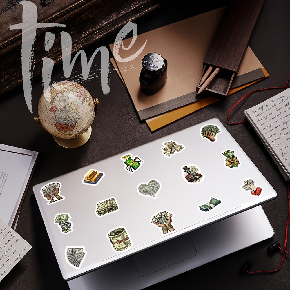 50 Sheets Nordic Style Currency Empire Stickers - Reusable PVC Decals with Vibrant Dollar Bill & Coin Designs, Glossy Finish for Laptops, Water Bottles, Skateboards, Helmets - Expressive Artistic Decor, Personalization Sticke