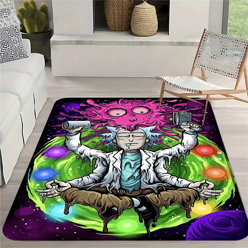 1pc Warner Bros Series Rick and Morty Theme Printed Floor Mat, Flannel Rectangular Washable Flannel Mat, Suitable for Bedroom, Living Room, Game Room - Bright Cartoon Design, Very suitable for Anime Enthusiasts, Warner Bros H
