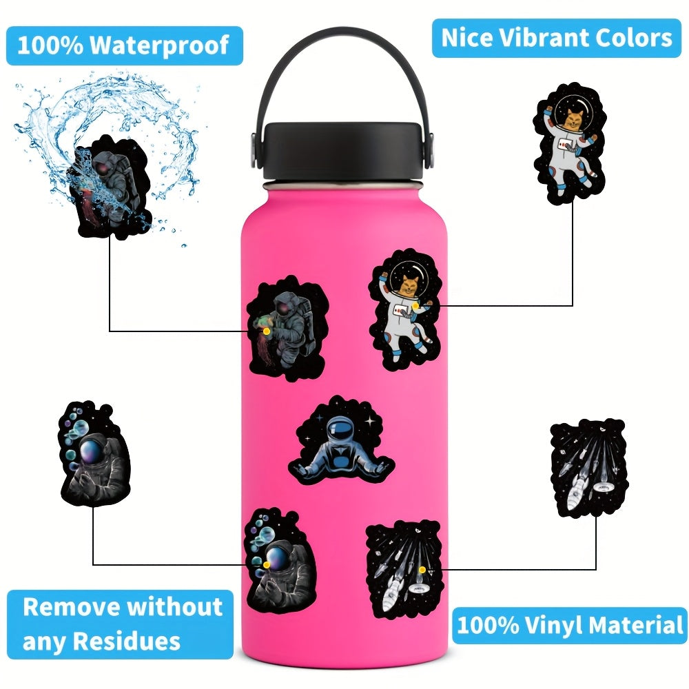 50pcs Astronaut Stickers Vinyl Aesthetic Space Theme Decals - Reusable Self-Adhesive Cartoon Astronaut Stickers with Planets, Rockets, Alien Life - Vibrant Mixed Colors for Scrapbooking, Laptop, Water Bottle, Skateboard, Car