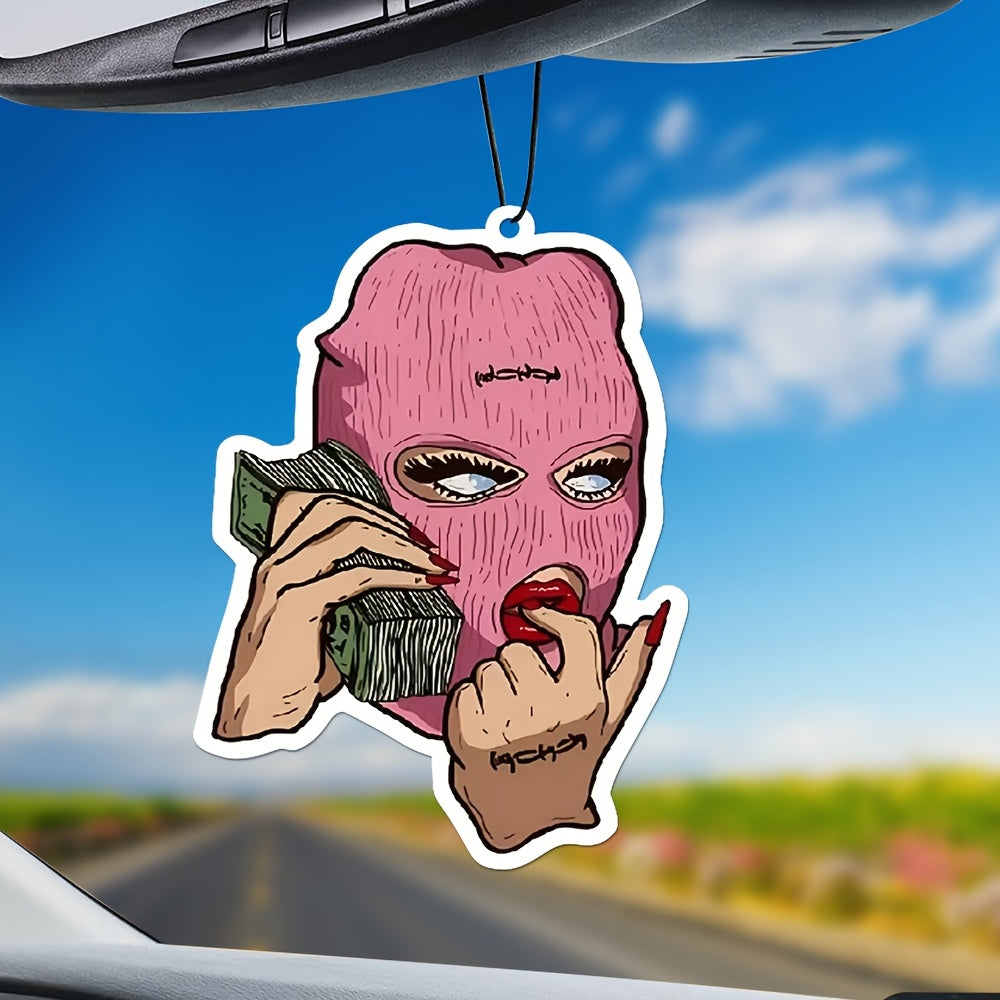 Pink Balaclava Mask Car Air Freshener Pendant with Money & Phone Design - Light Fragrance Paper Scent, All-Season Hanging Decor for All Vehicles, Unique Car Owner Gift, Car Decoration, Playful Design, Crafted Accessory, Vehic