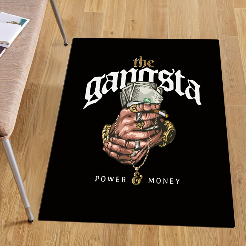 Gansta Power Money Mat - Black Area Mat with Bold Money and Jewelry Design, Machine Washable Polyester Fiber, Ideal for Living Room, Bedroom, Kitchen, Bathroom, Entryway, Multi-Purpose Decorative Mat|Luxurious Home Decor|Mach