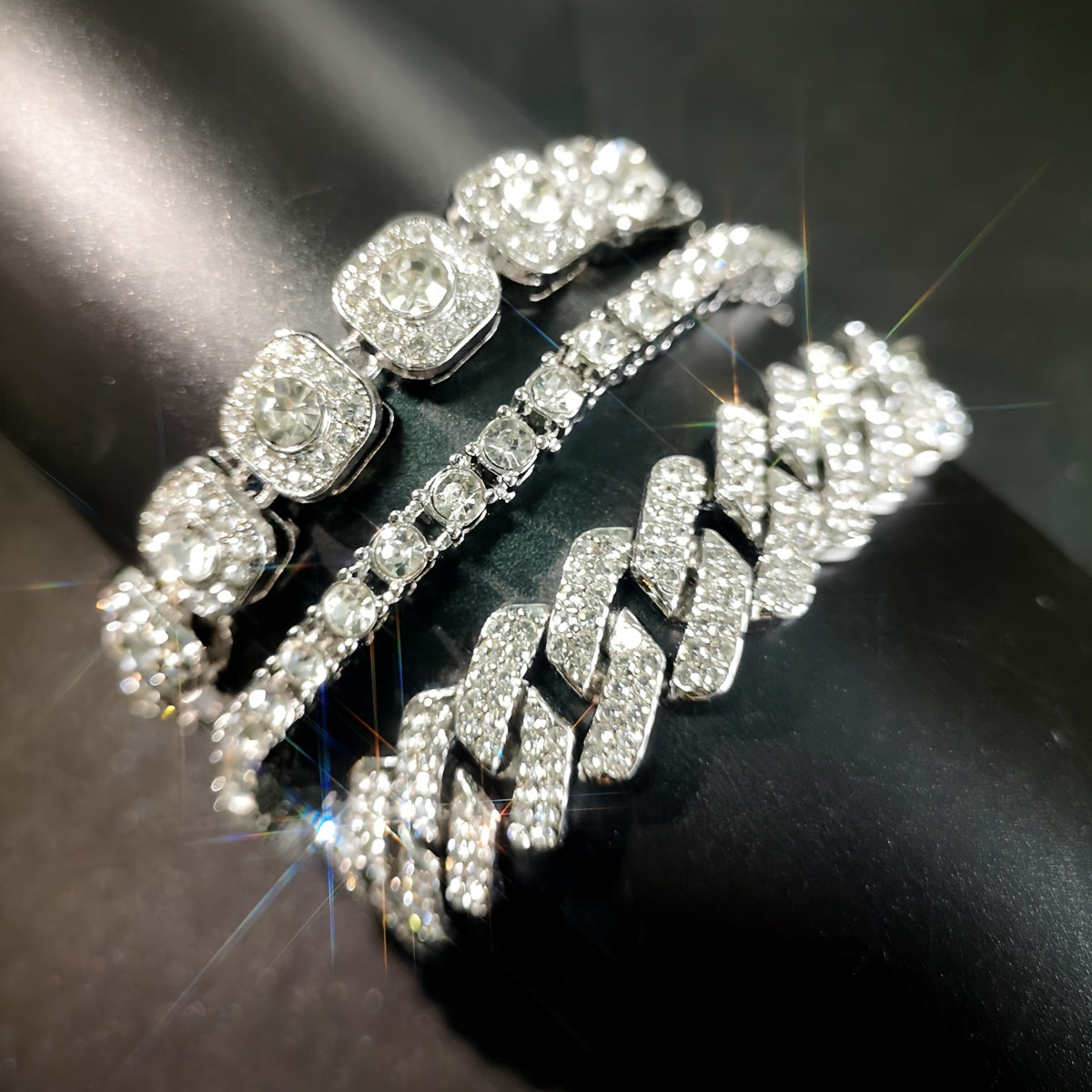 3pcs Fashion Bling Rhinestone Cuban Chain Bracelet For Women Men, Hip Hop Iced Out Thick Link Chain Bracelet Jewelry
