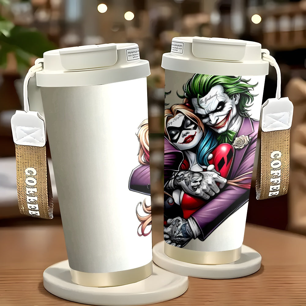 1pc WB Joker & Harley Quinn Stainless Steel Travel Mug 18oz - Large Capacity Insulated Tumbler for Hot & Cold Drinks, Reusable Coffee Cup with Vibrant Comic Art, Hand Wash Only, Perfect Gift for Fans, Insulated Coffee Tumbler