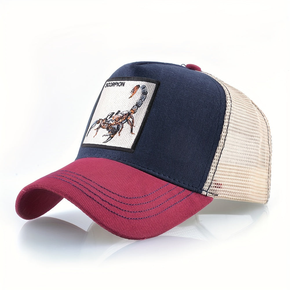 1pc Scorpion Embroidered Trucker Hat - Breathable Mesh Baseball Cap with Adjustable Strap, Gray Casual Sunshade for Men, Breathable Cap | Casual Style Hat | Mesh Back Hat