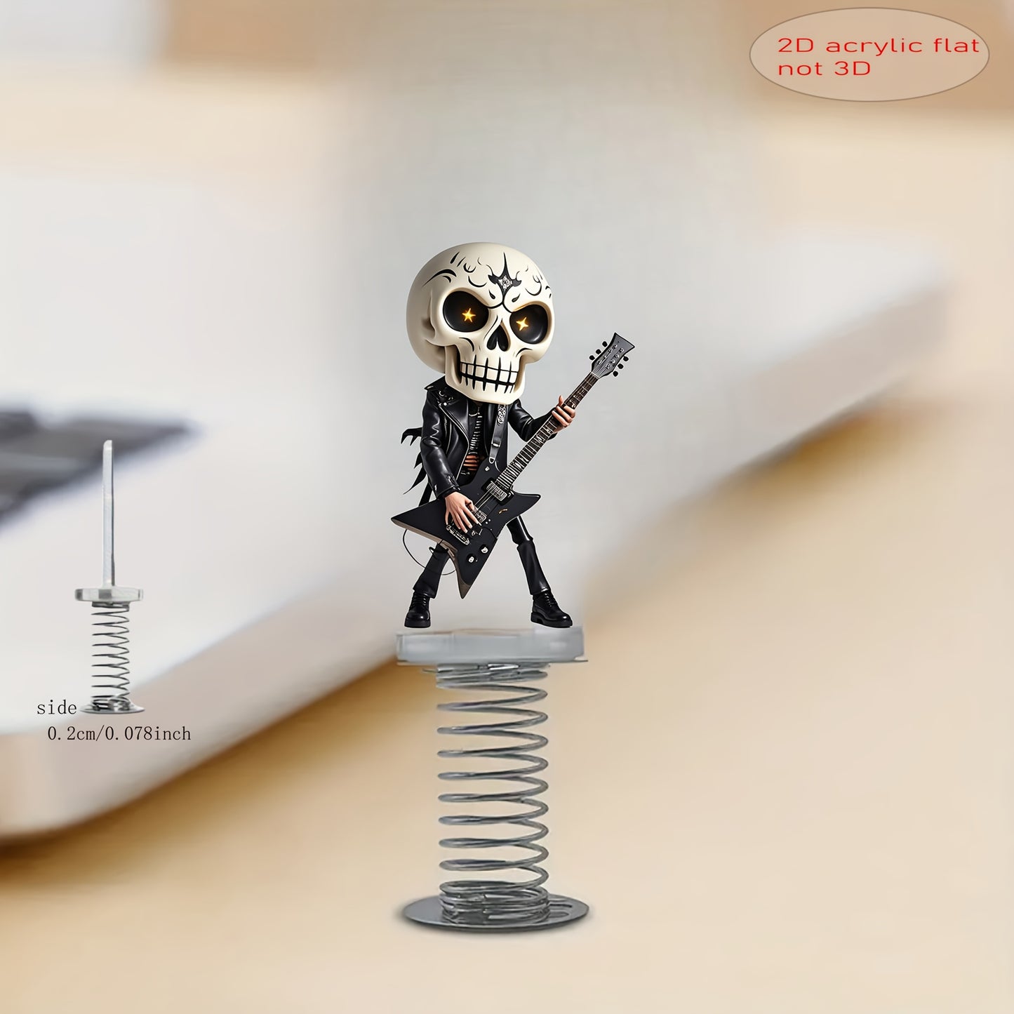 1pc 2D Flat Acrylic Spring-Shock-Activated Shaking Skull Ornament - Rockstar Guitar Design Car Dashboard & Desktop Decoration, No Batteries Needed, Compact Vibrant Decor, 2D Flat