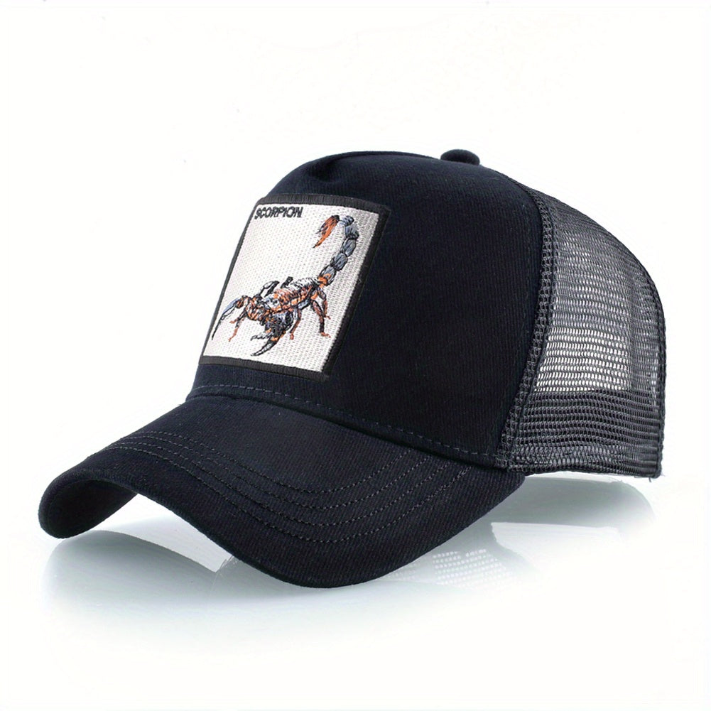 1pc Scorpion Embroidered Trucker Hat - Breathable Mesh Baseball Cap with Adjustable Strap, Gray Casual Sunshade for Men, Breathable Cap | Casual Style Hat | Mesh Back Hat