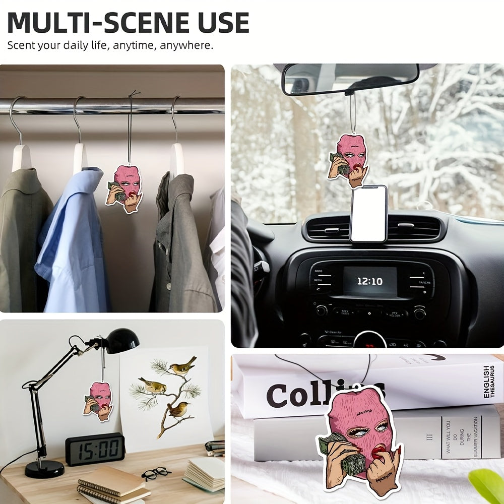Pink Balaclava Mask Car Air Freshener Pendant with Money & Phone Design - Light Fragrance Paper Scent, All-Season Hanging Decor for All Vehicles, Unique Car Owner Gift, Car Decoration, Playful Design, Crafted Accessory, Vehic