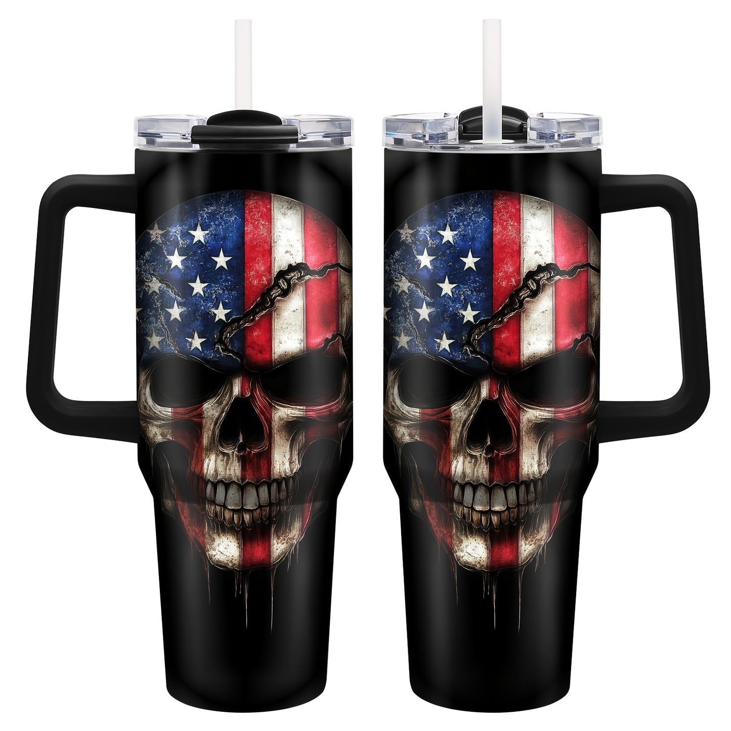 1pc Stainless Steel American Flag&Skull Head 40oz Insulated Coffee Mug with Lid, Hand Wash Only, with Straw, for Women, Men, Birthday, Christmas, Thanksgiving, Hanukkah, Halloween, Car Cup