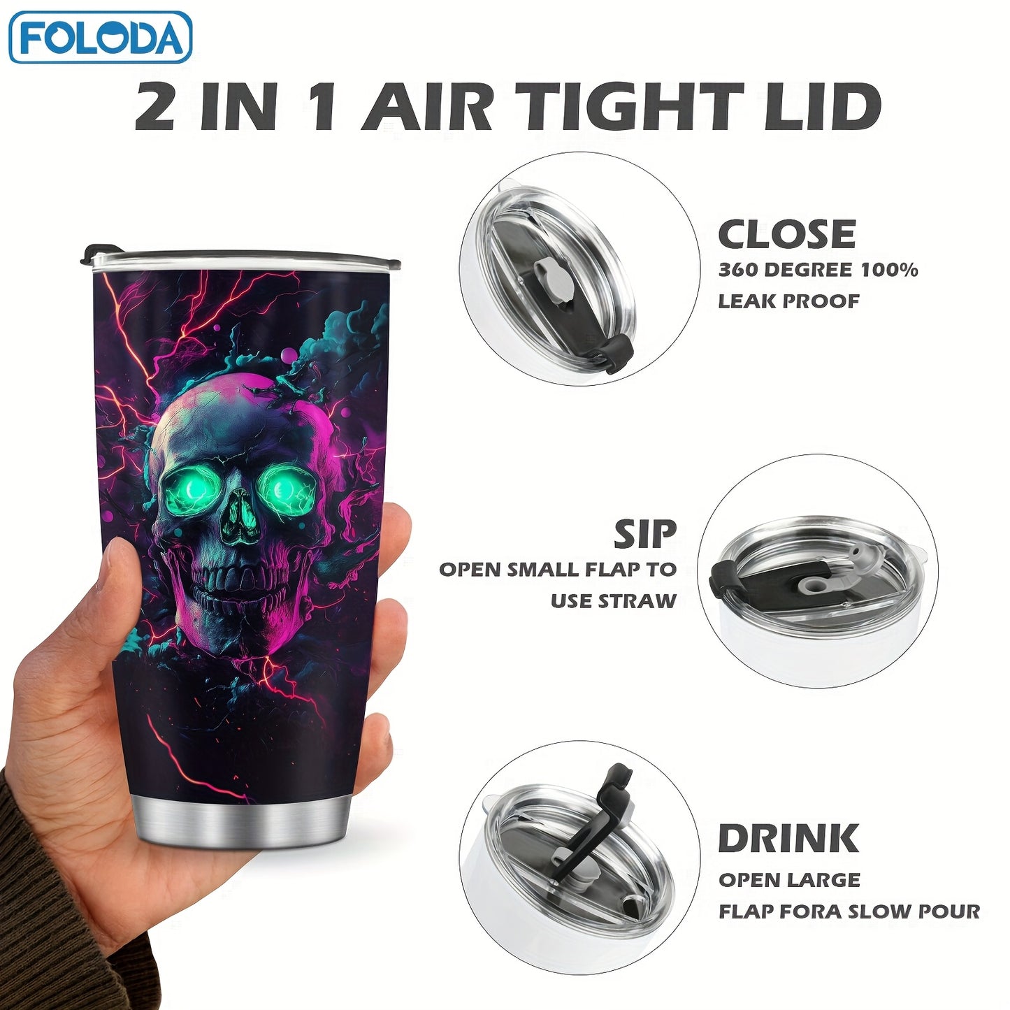 1pc FOLODA 20oz Stainless Steel Insulated Tumbler with Lid - Vibrant Neon Skull & Electric Blue Lightning Design, Reusable Travel Coffee Mug, Keeps Drinks Hot/Cold, Perfect Gift for Halloween, Christmas, Birthdays, Graduation