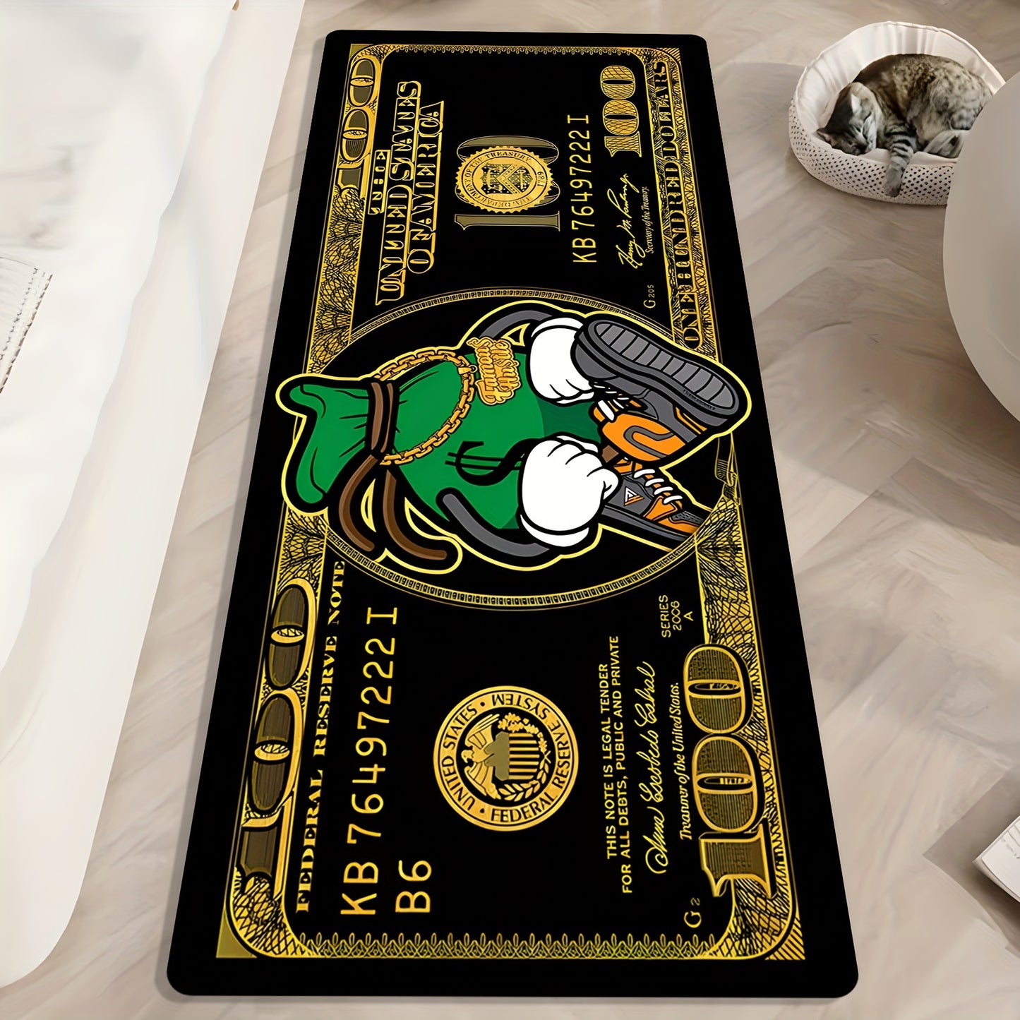 Luxury Flannel 100 Dollar Bill Design Carpet, Super Soft, Non-Slip, Machine Washable, Polyester 100%, Rectangle, Ideal for Office, Bedroom, Living Room Decor