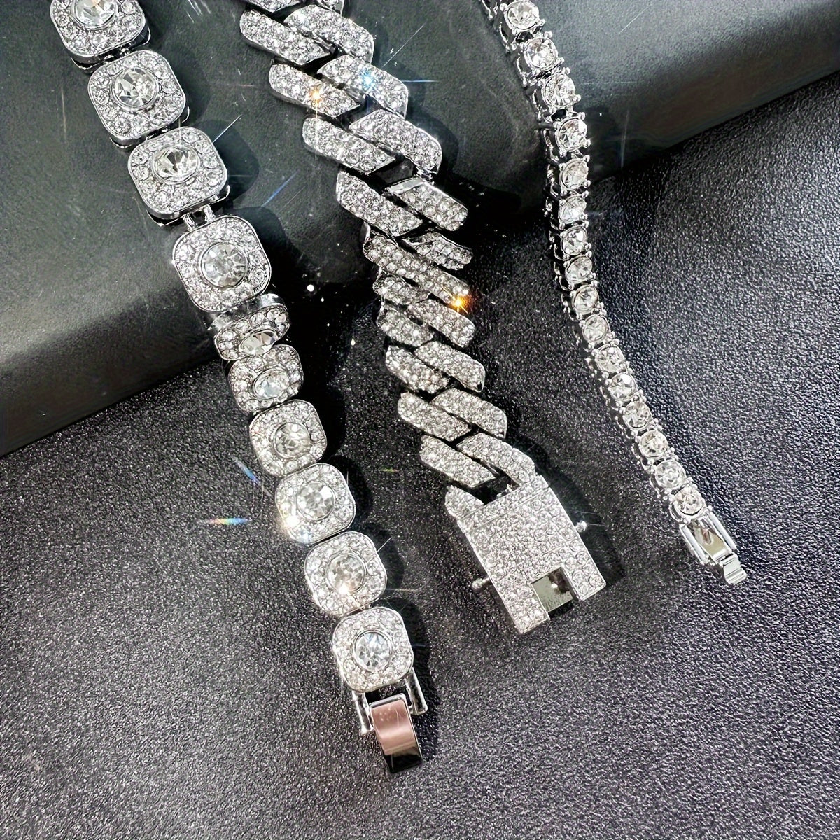 3pcs Fashion Bling Rhinestone Cuban Chain Bracelet For Women Men, Hip Hop Iced Out Thick Link Chain Bracelet Jewelry