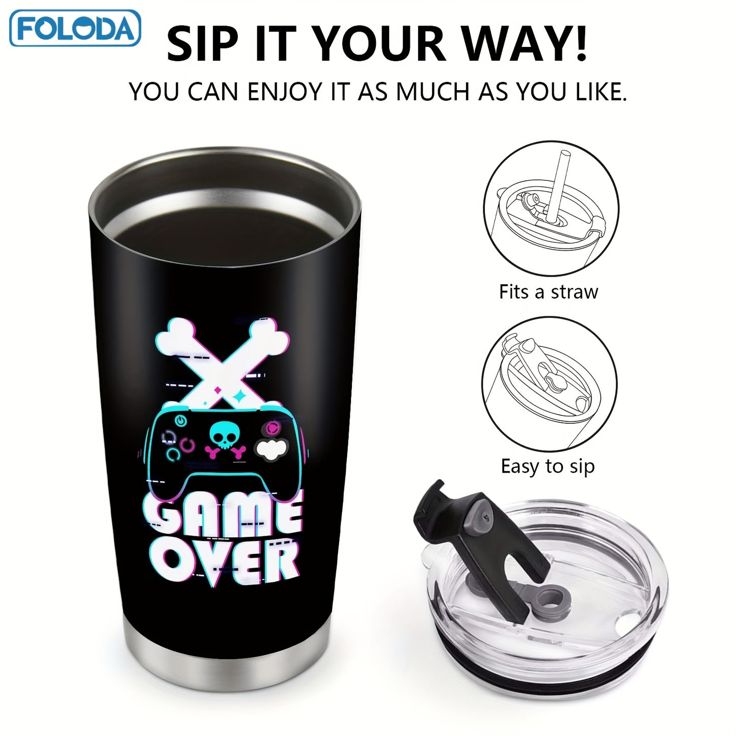 1pc FOLODA 20oz Gaming Tumbler with Lid - Stainless Steel Insulated Travel Mug, Vibrant Neon Gaming Design, Reusable Coffee Cup for Gamers, Birthday Christmas Graduation Gifts for Men Women
