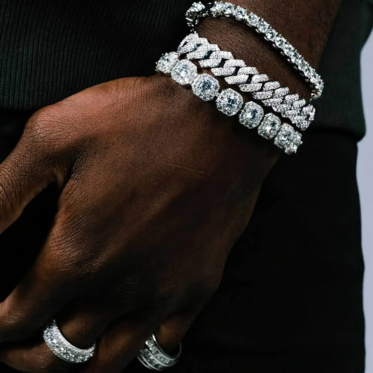 3pcs Fashion Bling Rhinestone Cuban Chain Bracelet For Women Men, Hip Hop Iced Out Thick Link Chain Bracelet Jewelry