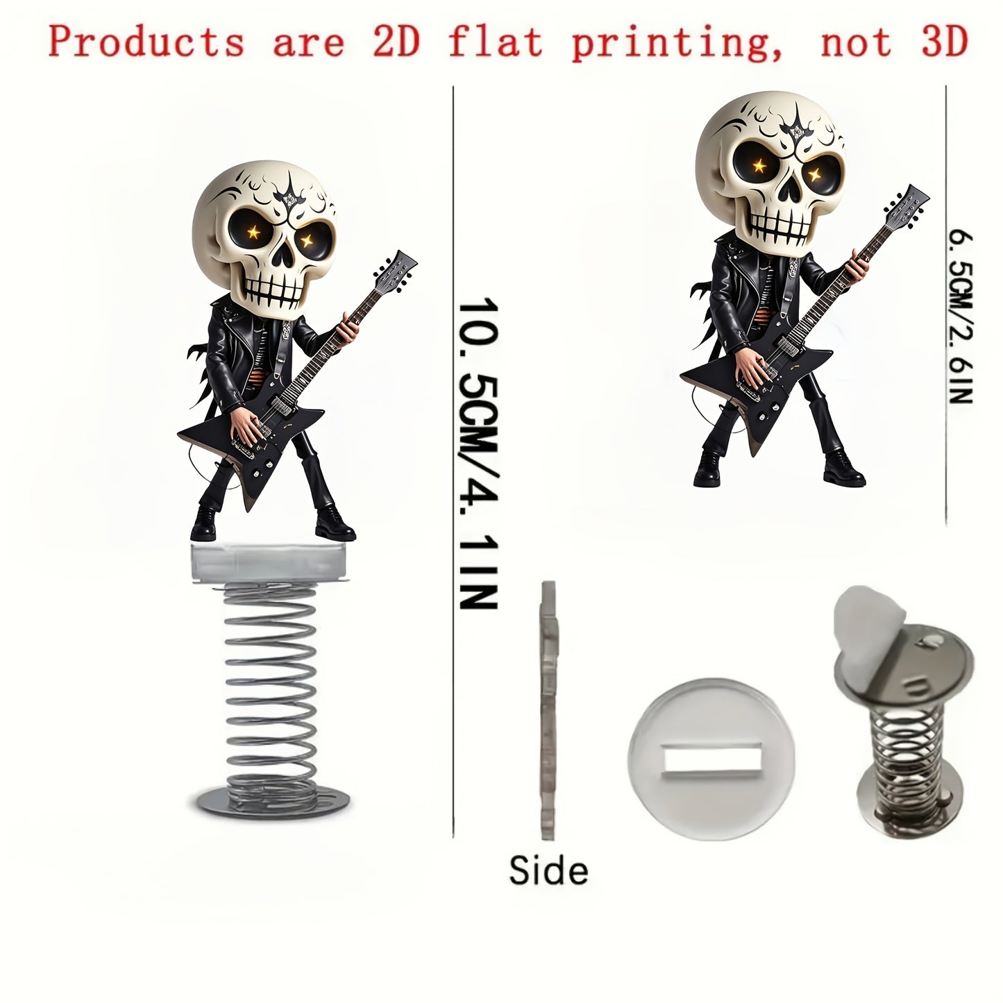 1pc 2D Flat Acrylic Spring-Shock-Activated Shaking Skull Ornament - Rockstar Guitar Design Car Dashboard & Desktop Decoration, No Batteries Needed, Compact Vibrant Decor, 2D Flat