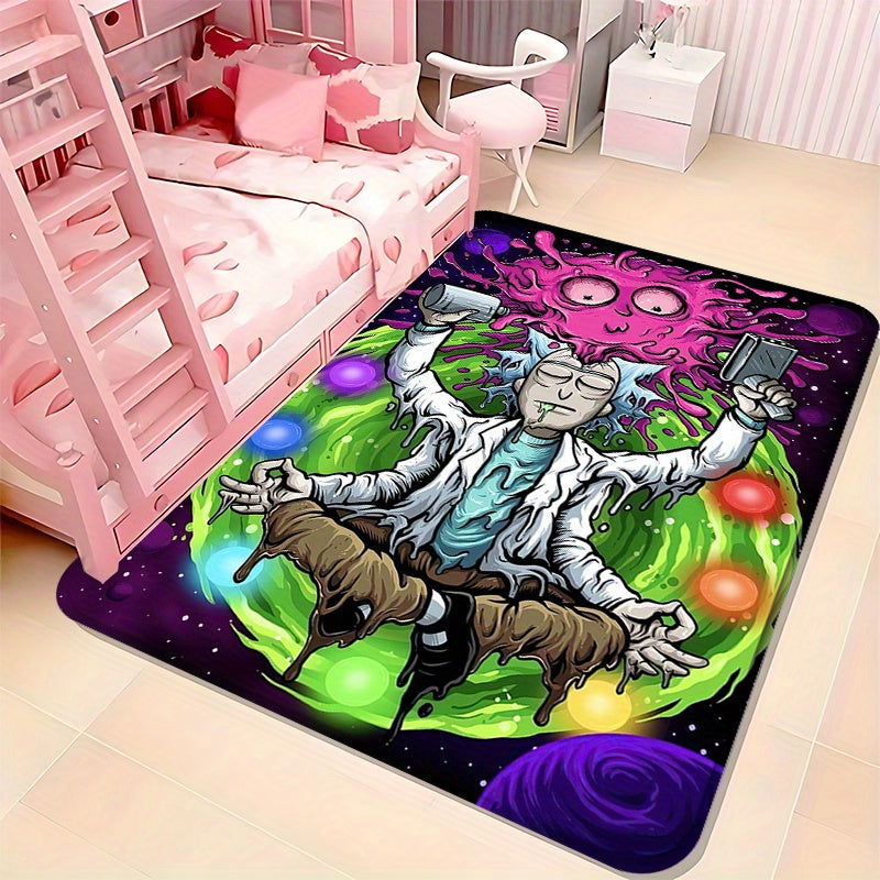 1pc Warner Bros Series Rick and Morty Theme Printed Floor Mat, Flannel Rectangular Washable Flannel Mat, Suitable for Bedroom, Living Room, Game Room - Bright Cartoon Design, Very suitable for Anime Enthusiasts, Warner Bros H
