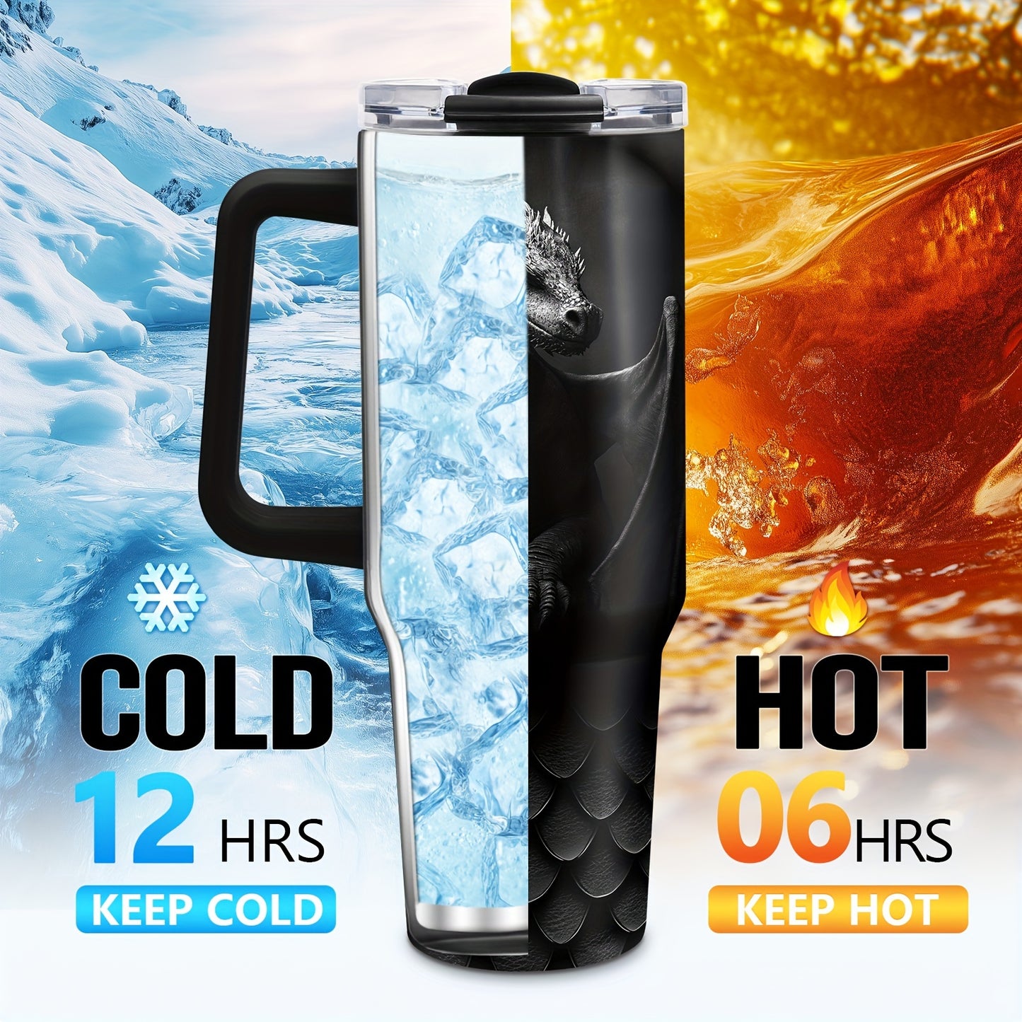 40oz Stainless Steel Dragon Tumbler with Lid,Insulated Travel Mug for Hot and Cold Beverages,Durable Handle,Ideal Gift for Dragon Enthusiasts,Coffee Lovers,Car Cup Holder Compatible,Perfect birthday gift for Men Women,Christm