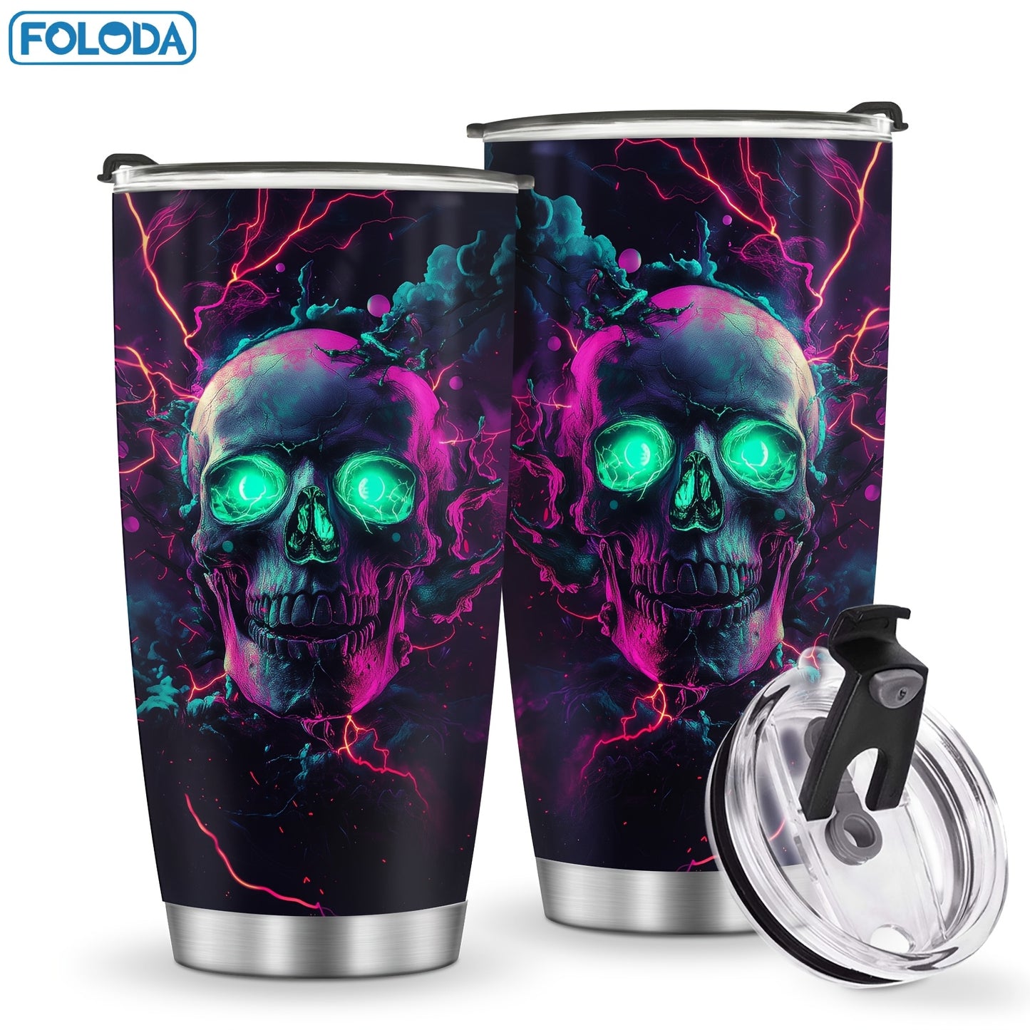 1pc FOLODA 20oz Stainless Steel Insulated Tumbler with Lid - Vibrant Neon Skull & Electric Blue Lightning Design, Reusable Travel Coffee Mug, Keeps Drinks Hot/Cold, Perfect Gift for Halloween, Christmas, Birthdays, Graduation