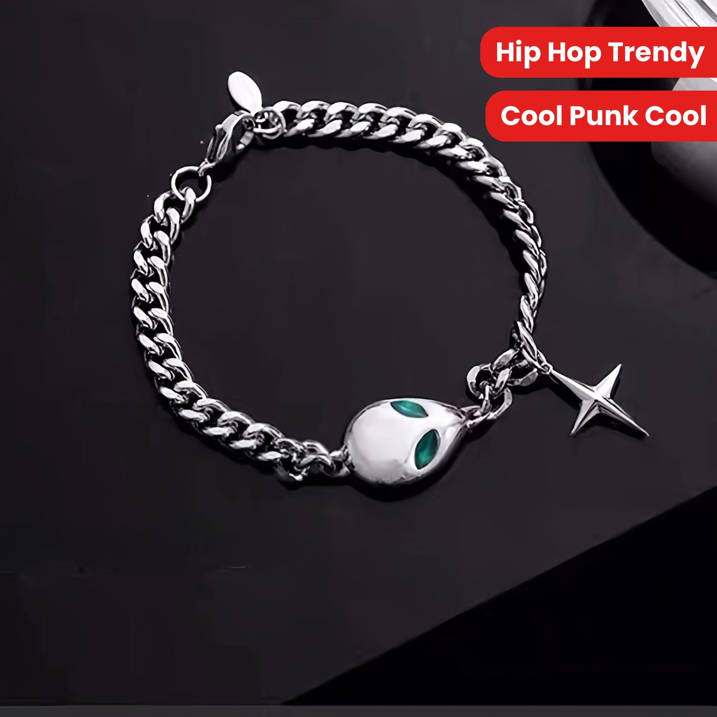 1pc Titanium Steel Green Eyes Cross Star Bracelet, Unisex Hip Hop Trendy Cool Punk Cool Hand Jewelry