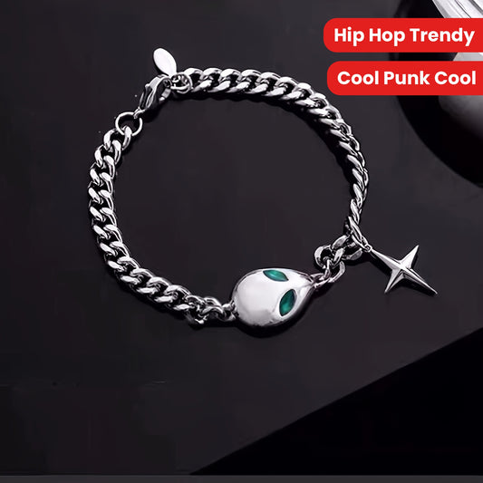 1pc Titanium Steel Green Eyes Cross Star Bracelet, Unisex Hip Hop Trendy Cool Punk Cool Hand Jewelry
