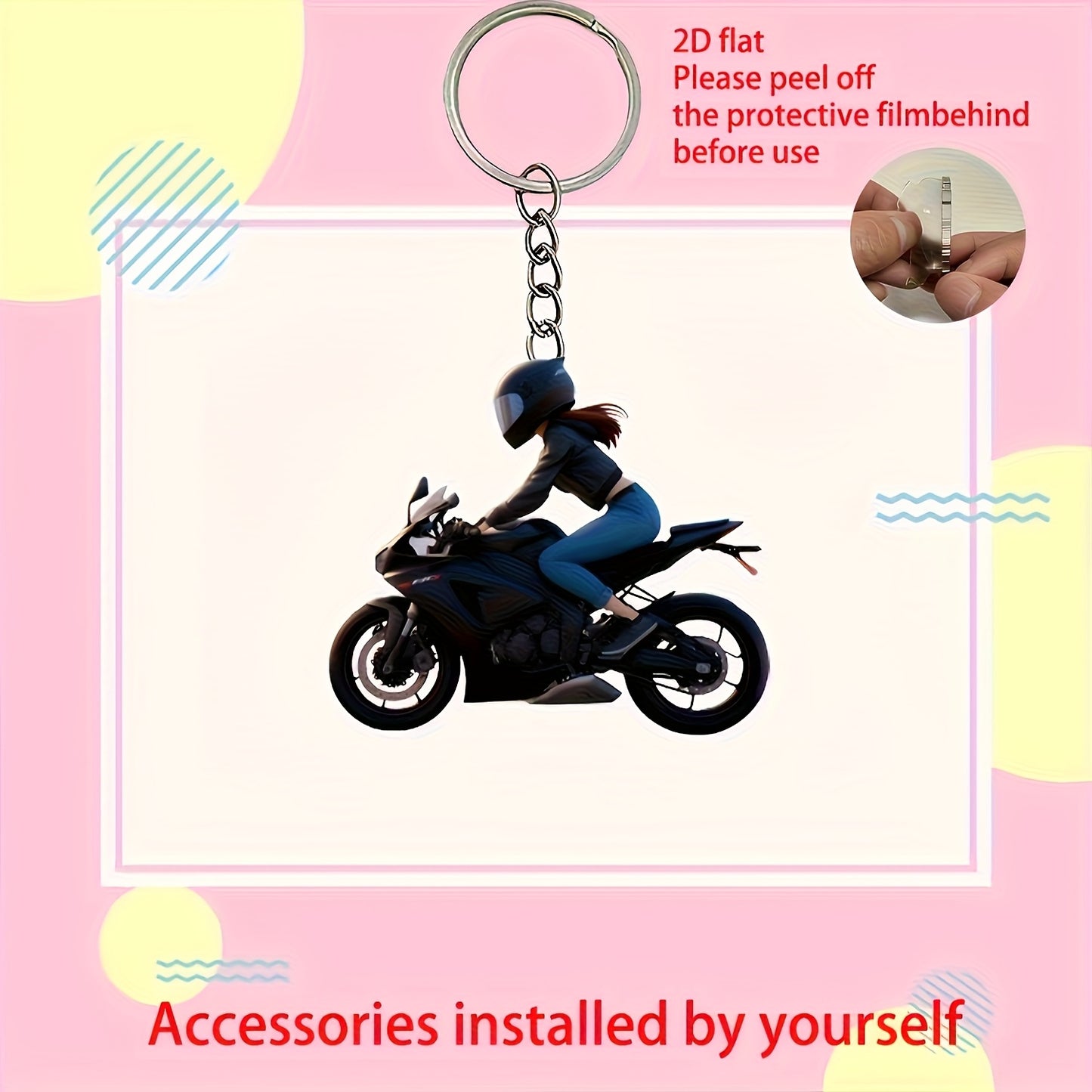 2D Flat, 2D Flat Motorcycle Rider Keychain & Car Mirror Ornament - Black Jacket & Helmet Design, 5.08cm Protective Filming Keyring for Keys/Bags, Durable Acrylic Motorcycle Accessories for Men, Father’s Day Gifts, Motorcycl