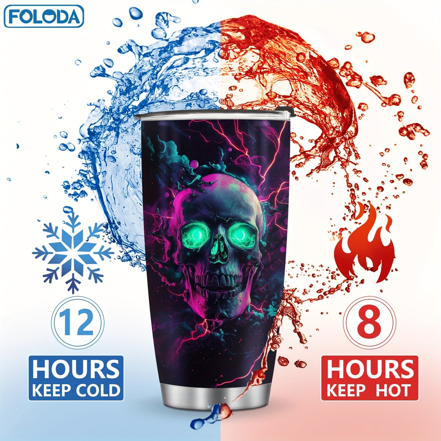 1pc FOLODA 20oz Stainless Steel Insulated Tumbler with Lid - Vibrant Neon Skull & Electric Blue Lightning Design, Reusable Travel Coffee Mug, Keeps Drinks Hot/Cold, Perfect Gift for Halloween, Christmas, Birthdays, Graduation