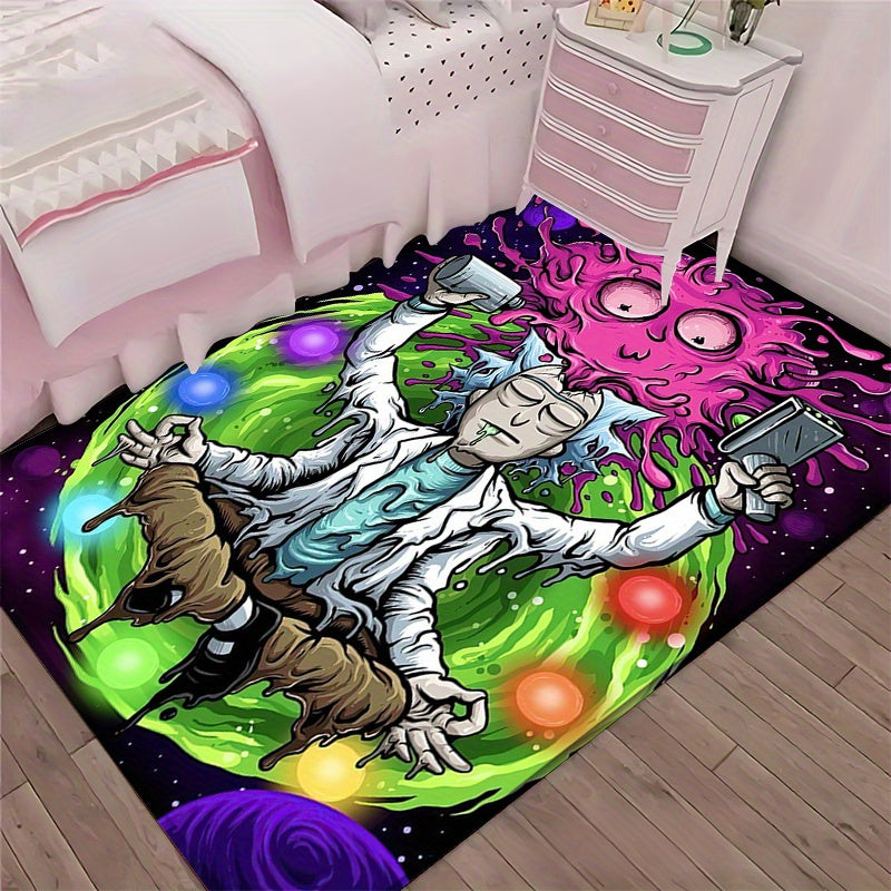 1pc Warner Bros Series Rick and Morty Theme Printed Floor Mat, Flannel Rectangular Washable Flannel Mat, Suitable for Bedroom, Living Room, Game Room - Bright Cartoon Design, Very suitable for Anime Enthusiasts, Warner Bros H