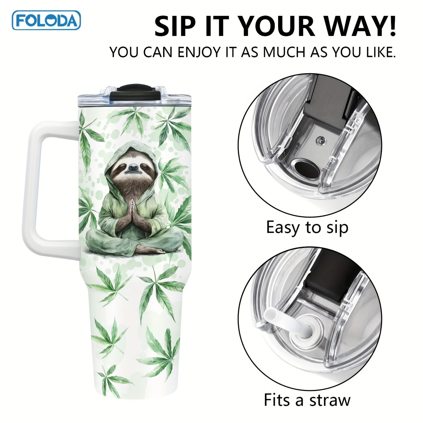 Sloth Animal Print 40 Oz Stainless Steel Insulated Tumbler with Handle, Lid & Straw - Hand Wash, Double Wall Vacuum Insulated, Reusable Coffee Mug - Multipurpose, Festive Gift for Christmas, Thanksgiving, Mother's Day, Gradua