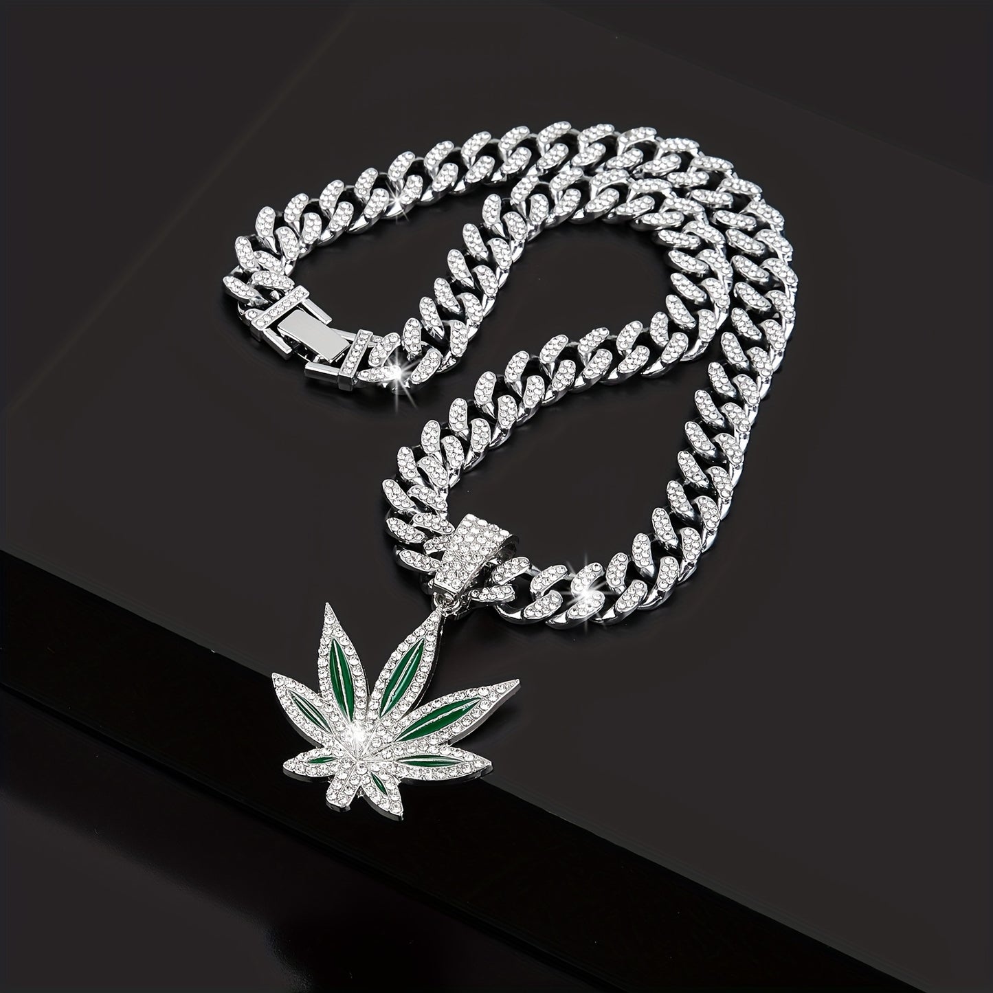 Classic Retro Green Leaf Pendant, Cuban Necklace For Hip-hop Men