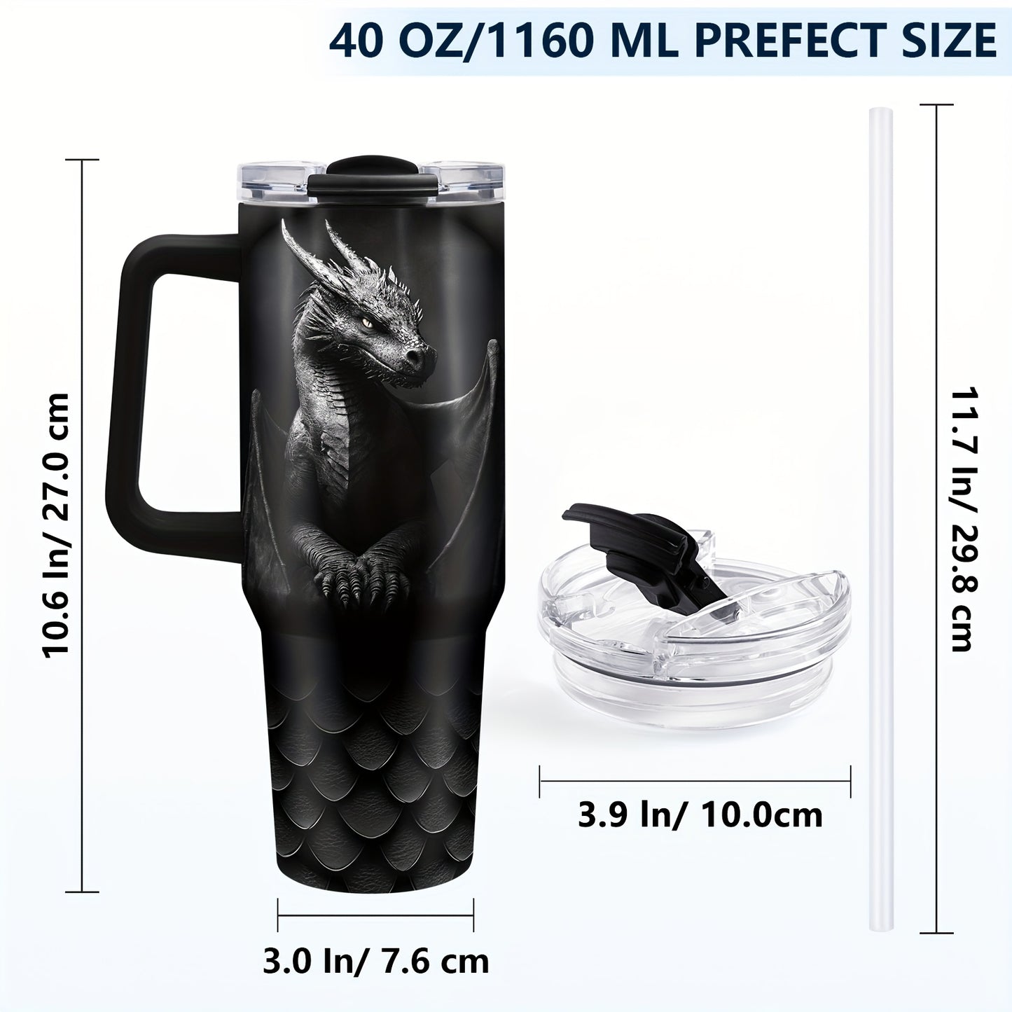 40oz Stainless Steel Dragon Tumbler with Lid,Insulated Travel Mug for Hot and Cold Beverages,Durable Handle,Ideal Gift for Dragon Enthusiasts,Coffee Lovers,Car Cup Holder Compatible,Perfect birthday gift for Men Women,Christm