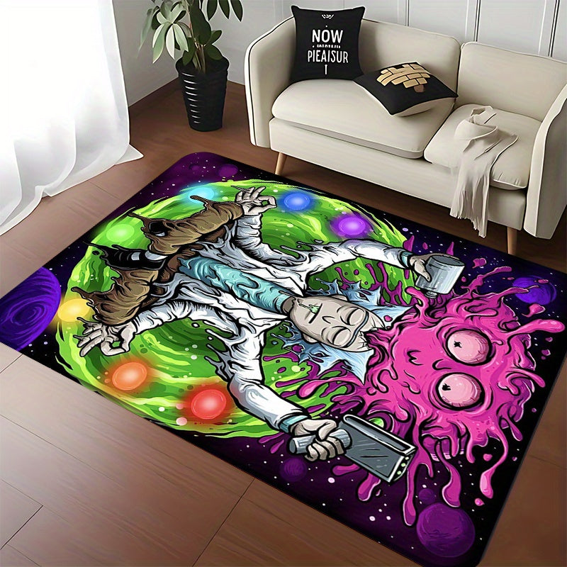 1pc Warner Bros Series Rick and Morty Theme Printed Floor Mat, Flannel Rectangular Washable Flannel Mat, Suitable for Bedroom, Living Room, Game Room - Bright Cartoon Design, Very suitable for Anime Enthusiasts, Warner Bros H