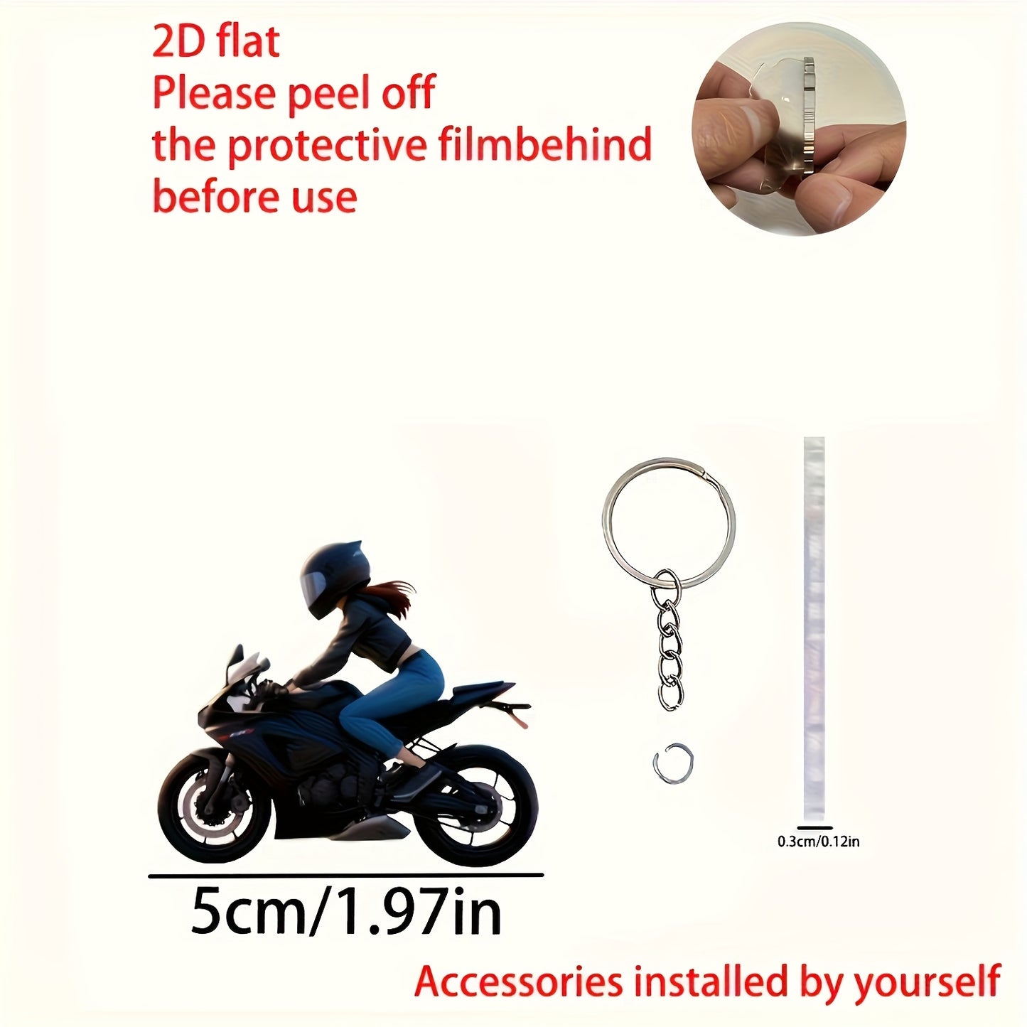2D Flat, 2D Flat Motorcycle Rider Keychain & Car Mirror Ornament - Black Jacket & Helmet Design, 5.08cm Protective Filming Keyring for Keys/Bags, Durable Acrylic Motorcycle Accessories for Men, Father’s Day Gifts, Motorcycl
