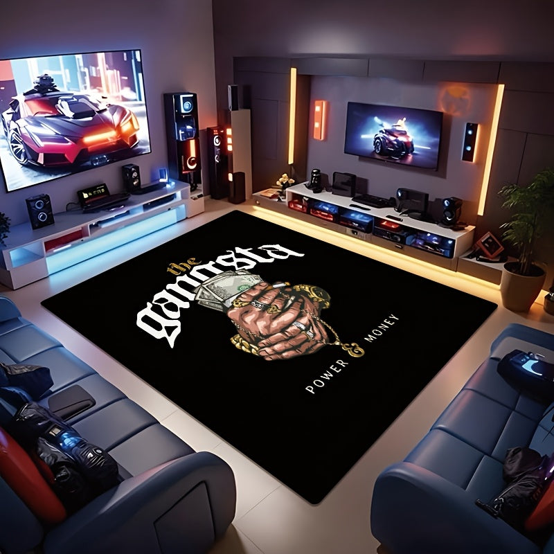 Gansta Power Money Mat - Black Area Mat with Bold Money and Jewelry Design, Machine Washable Polyester Fiber, Ideal for Living Room, Bedroom, Kitchen, Bathroom, Entryway, Multi-Purpose Decorative Mat|Luxurious Home Decor|Mach