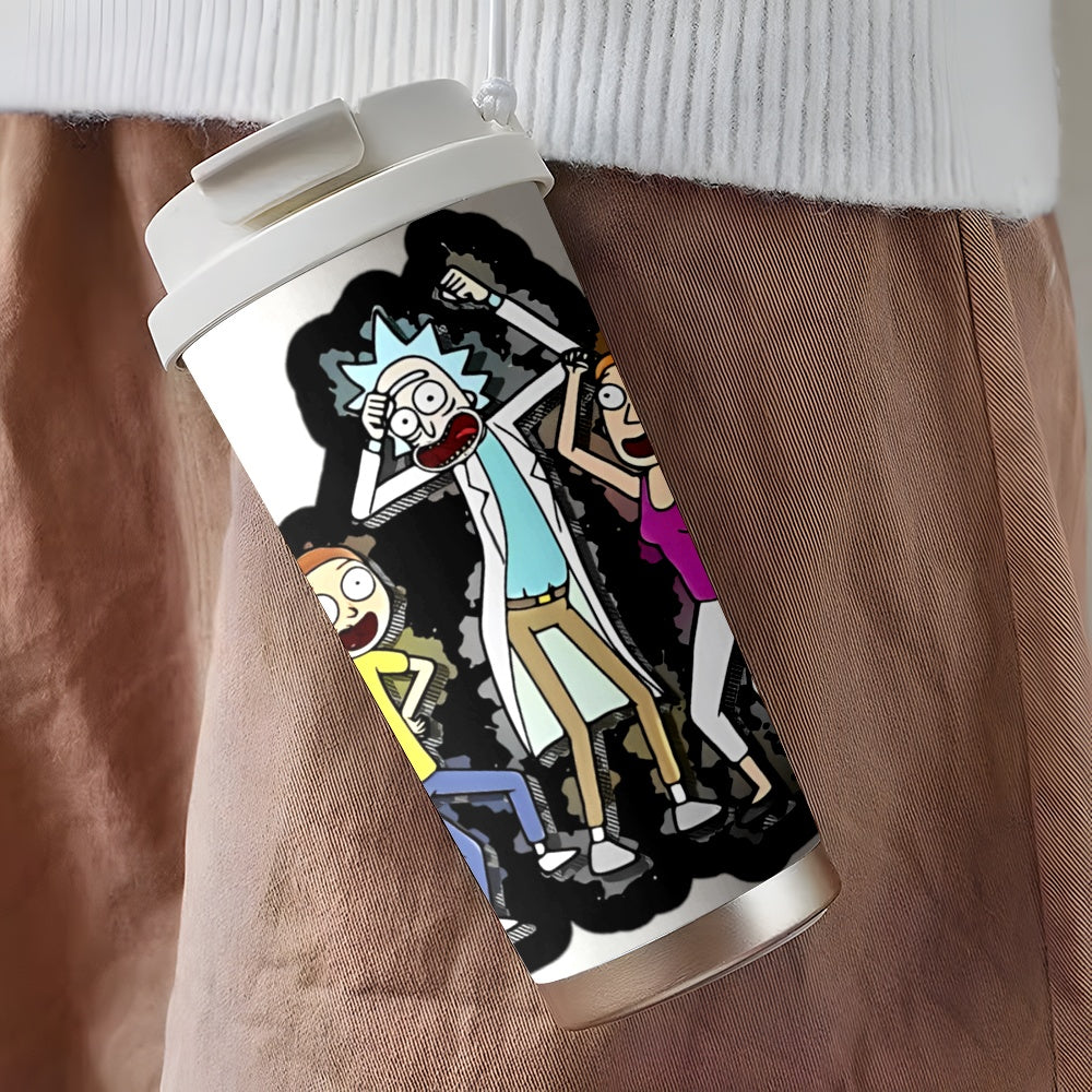 1pc WB Rick and Morty Stainless Steel Travel Mug 18oz, Double-Wall Insulated Coffee Cup with Vibrant Character Design, Leak-Proof Lid & Handle for Hot/Cold Drinks - Car, Office, Outdoor Use, Reusable Drinkware, Pop Culture Dr