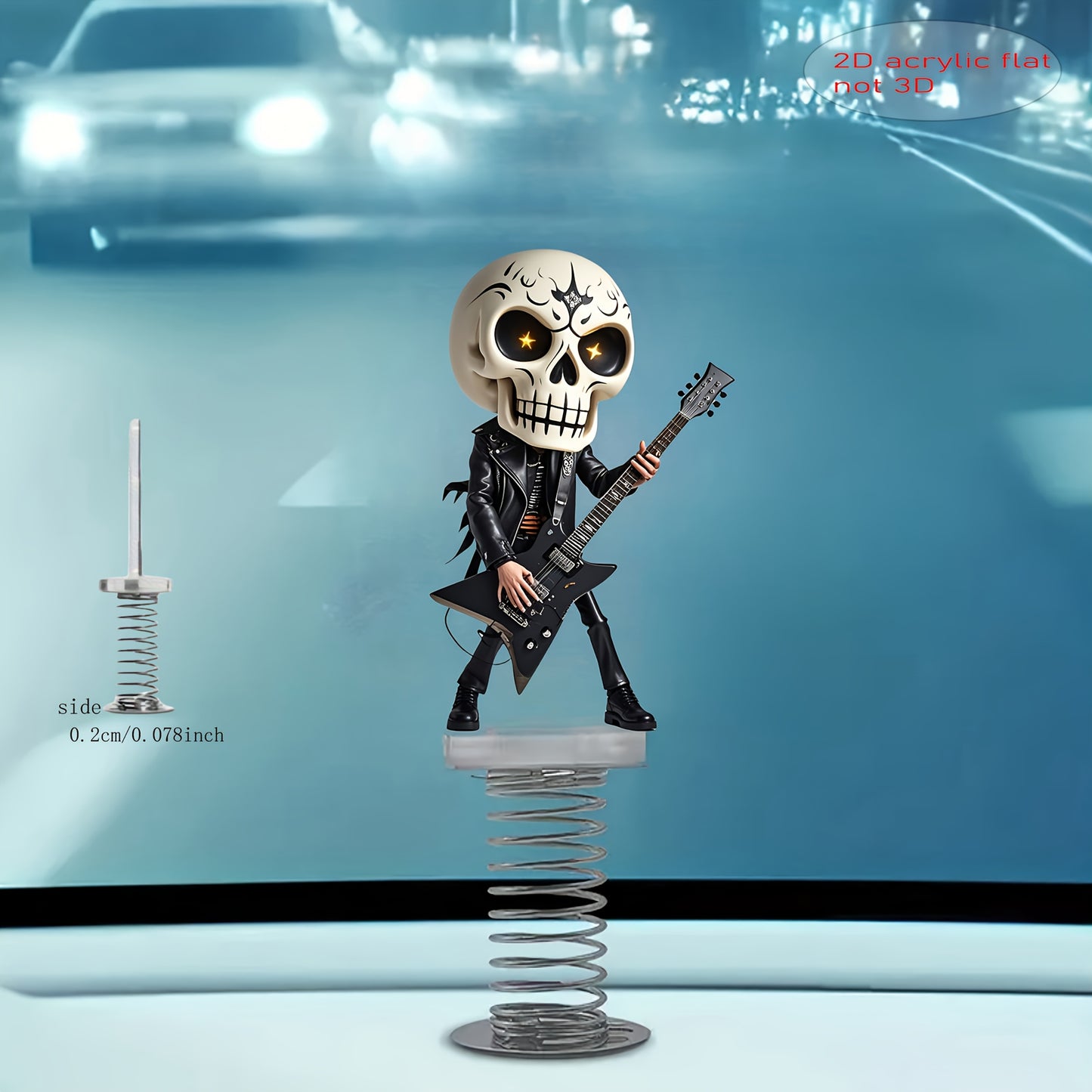 1pc 2D Flat Acrylic Spring-Shock-Activated Shaking Skull Ornament - Rockstar Guitar Design Car Dashboard & Desktop Decoration, No Batteries Needed, Compact Vibrant Decor, 2D Flat