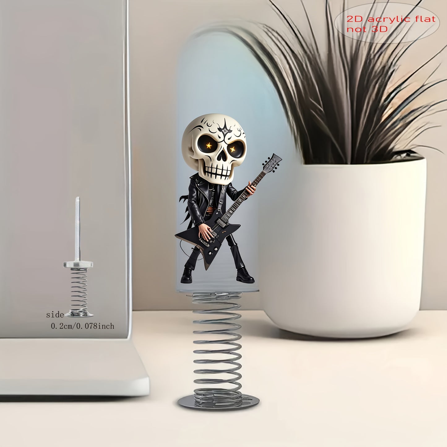 1pc 2D Flat Acrylic Spring-Shock-Activated Shaking Skull Ornament - Rockstar Guitar Design Car Dashboard & Desktop Decoration, No Batteries Needed, Compact Vibrant Decor, 2D Flat