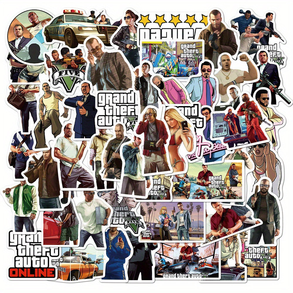 50pcs Grand Theft Auto Online Vinyl Stickers - Reusable, Vibrant Action Game Characters Decals for Water Bottles, Phone Cases, Refrigerators, Suitcases, and Computers