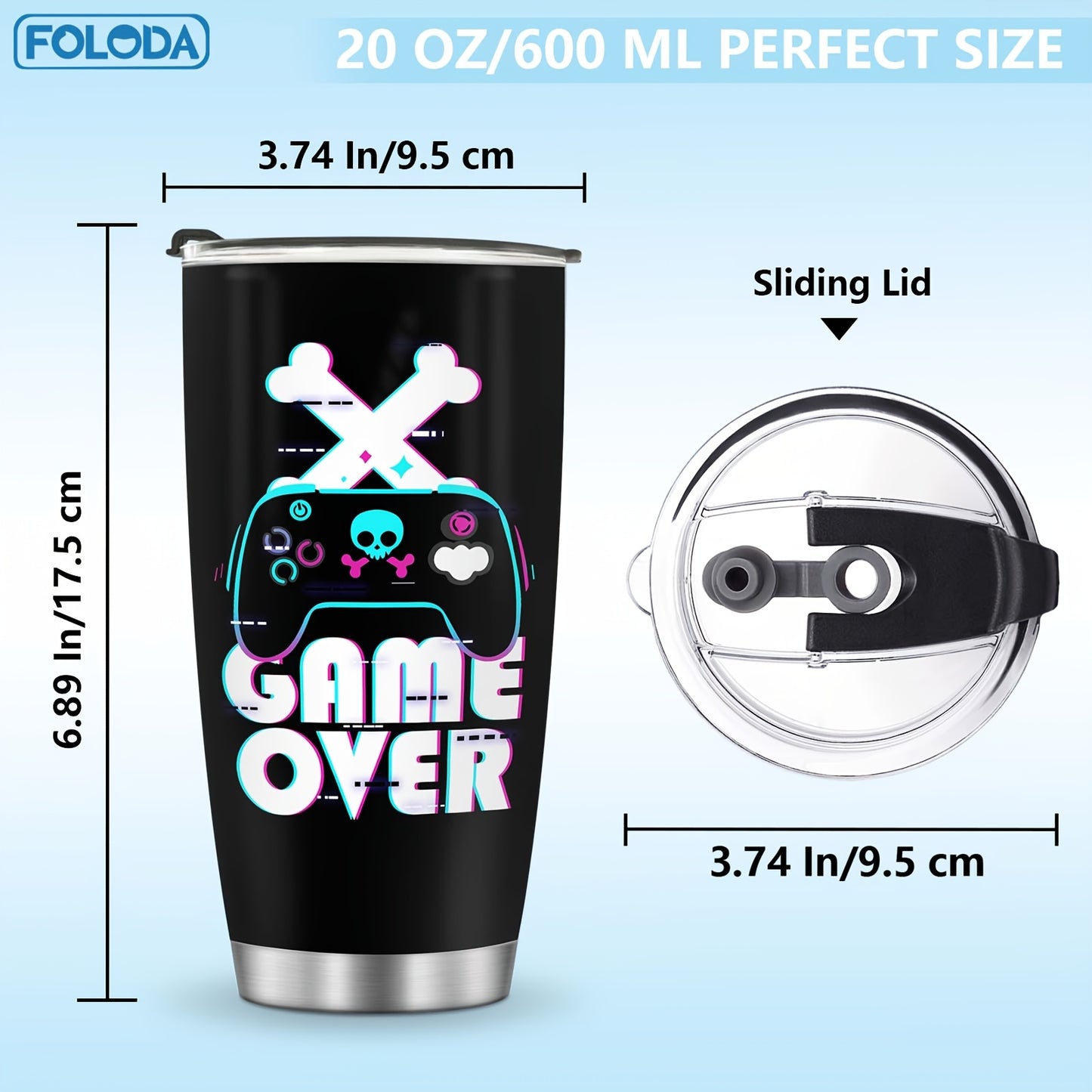1pc FOLODA 20oz Gaming Tumbler with Lid - Stainless Steel Insulated Travel Mug, Vibrant Neon Gaming Design, Reusable Coffee Cup for Gamers, Birthday Christmas Graduation Gifts for Men Women
