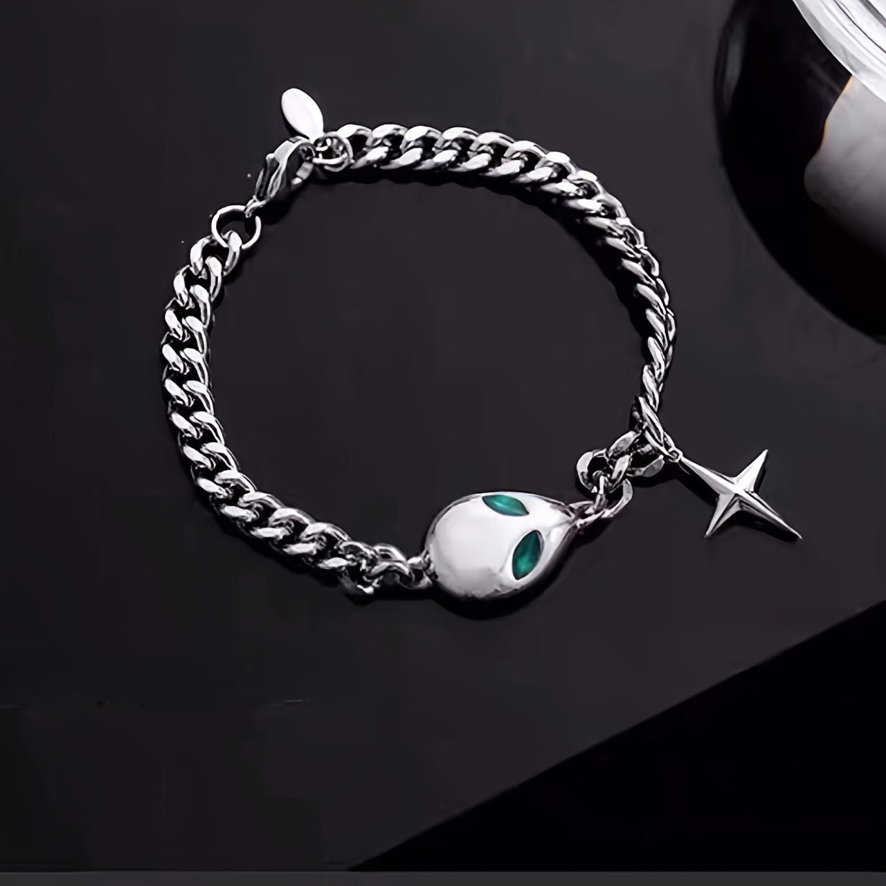 1pc Titanium Steel Green Eyes Cross Star Bracelet, Unisex Hip Hop Trendy Cool Punk Cool Hand Jewelry