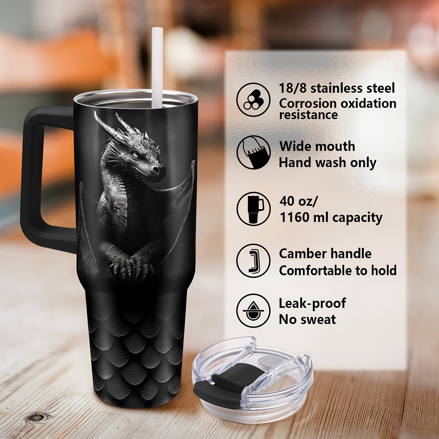 40oz Stainless Steel Dragon Tumbler with Lid,Insulated Travel Mug for Hot and Cold Beverages,Durable Handle,Ideal Gift for Dragon Enthusiasts,Coffee Lovers,Car Cup Holder Compatible,Perfect birthday gift for Men Women,Christm