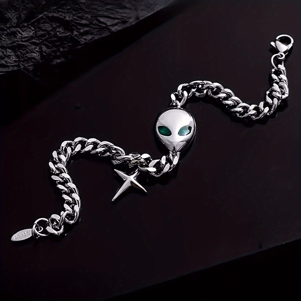 1pc Titanium Steel Green Eyes Cross Star Bracelet, Unisex Hip Hop Trendy Cool Punk Cool Hand Jewelry