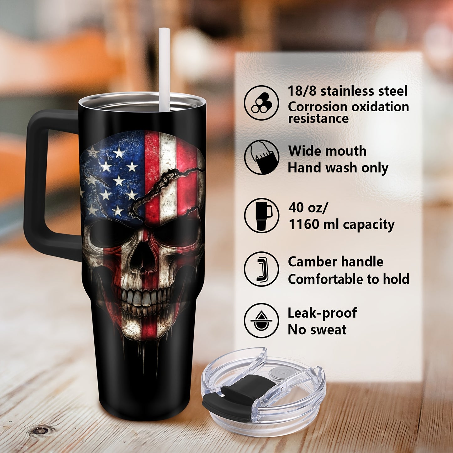 1pc Stainless Steel American Flag&Skull Head 40oz Insulated Coffee Mug with Lid, Hand Wash Only, with Straw, for Women, Men, Birthday, Christmas, Thanksgiving, Hanukkah, Halloween, Car Cup