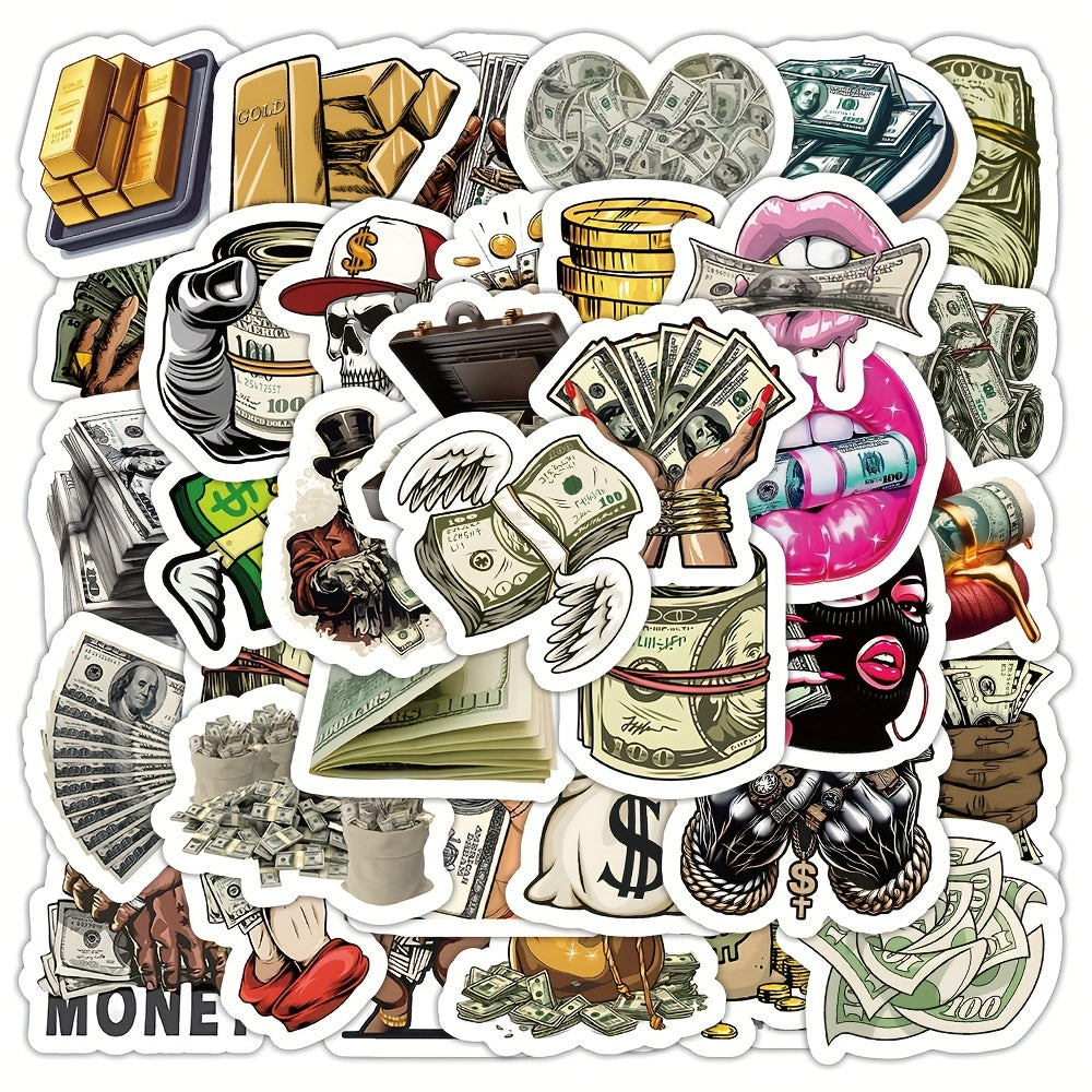 50 Sheets Nordic Style Currency Empire Stickers - Reusable PVC Decals with Vibrant Dollar Bill & Coin Designs, Glossy Finish for Laptops, Water Bottles, Skateboards, Helmets - Expressive Artistic Decor, Personalization Sticke